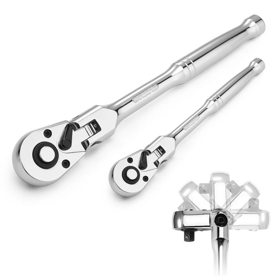 WORKPRO 2PC Flex Head Ratchet Set 1/4" 3/8" Drive 72-Tooth Ratchet Quick Release - Image 2 of 4