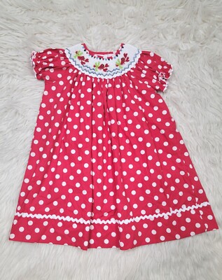 Marmellata Smocked Bishop Dress Girls Sz 3T Red White Polkadot Embroidered Crabs