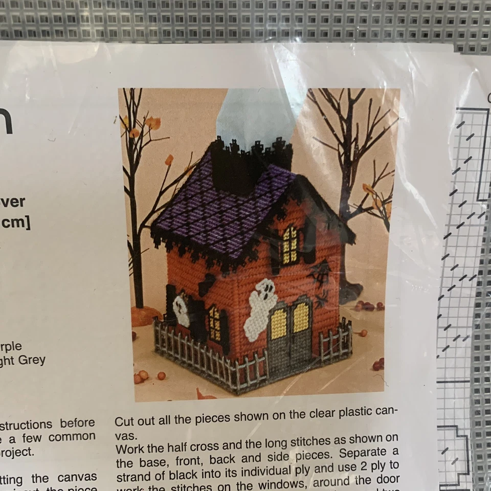MARY MAXIM Haunted House Tissue Box Cover Plastic Canvas Kit 6”x8”x6” New Sealed - Image 4 of 4