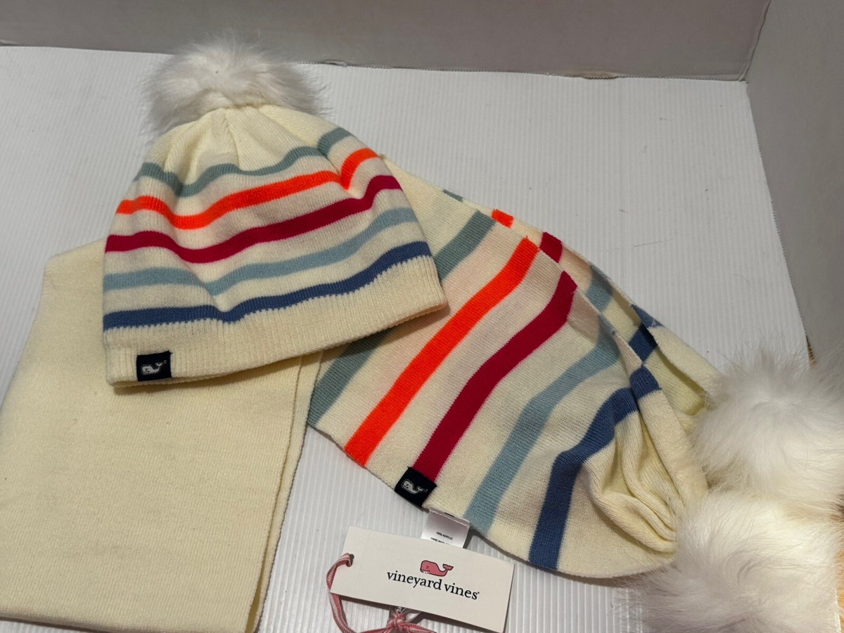 NWT Vineyard Vines Multi Stripe Scarf Faux Fur Pom Poms Whale Logo Girls  Hat - Main Image
