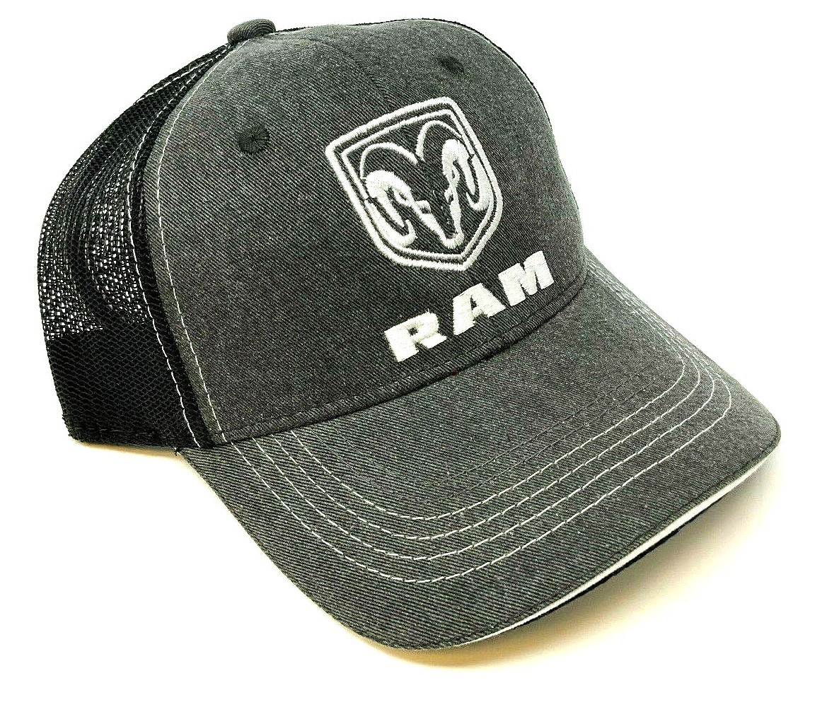 DODGE RAM LOGO GREY DENIM BLACK MESH TRUCKER SNAPBACK HAT CAP