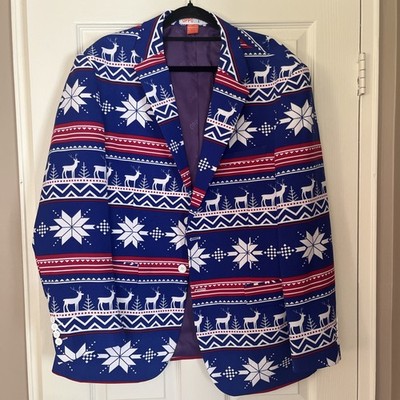 Opposuits Blue Red Deer Rudolph Men's Suit Jacket Size 46