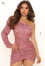 NEW Fashion Nova Olivia One Shoulder Sequin Mini Dress in Pink Size Large NWT