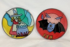 Smiling Witch  Bat Stained Glass Halloween Hanging Suncatcher Window Decor 5.5  