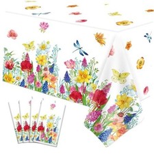 4 Pack Summer Floral Plastic Tablecloth - Watercolor Wild Flowers Table Cover