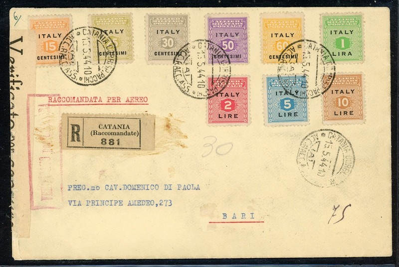AMG-SICILY Postal History LOT #15 MAY 1944 REG Philatelic CATANIA - BARI $$$