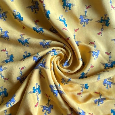 1.3 YD 1970s Novelty Rayon Fabric Yellow Carousel Horses