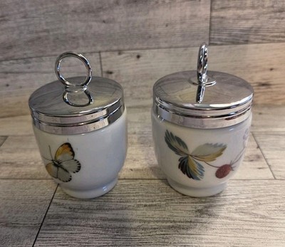 Set Of 2 Royal Worcester Egg Coddlers Raspberry & Butterfly Vintage