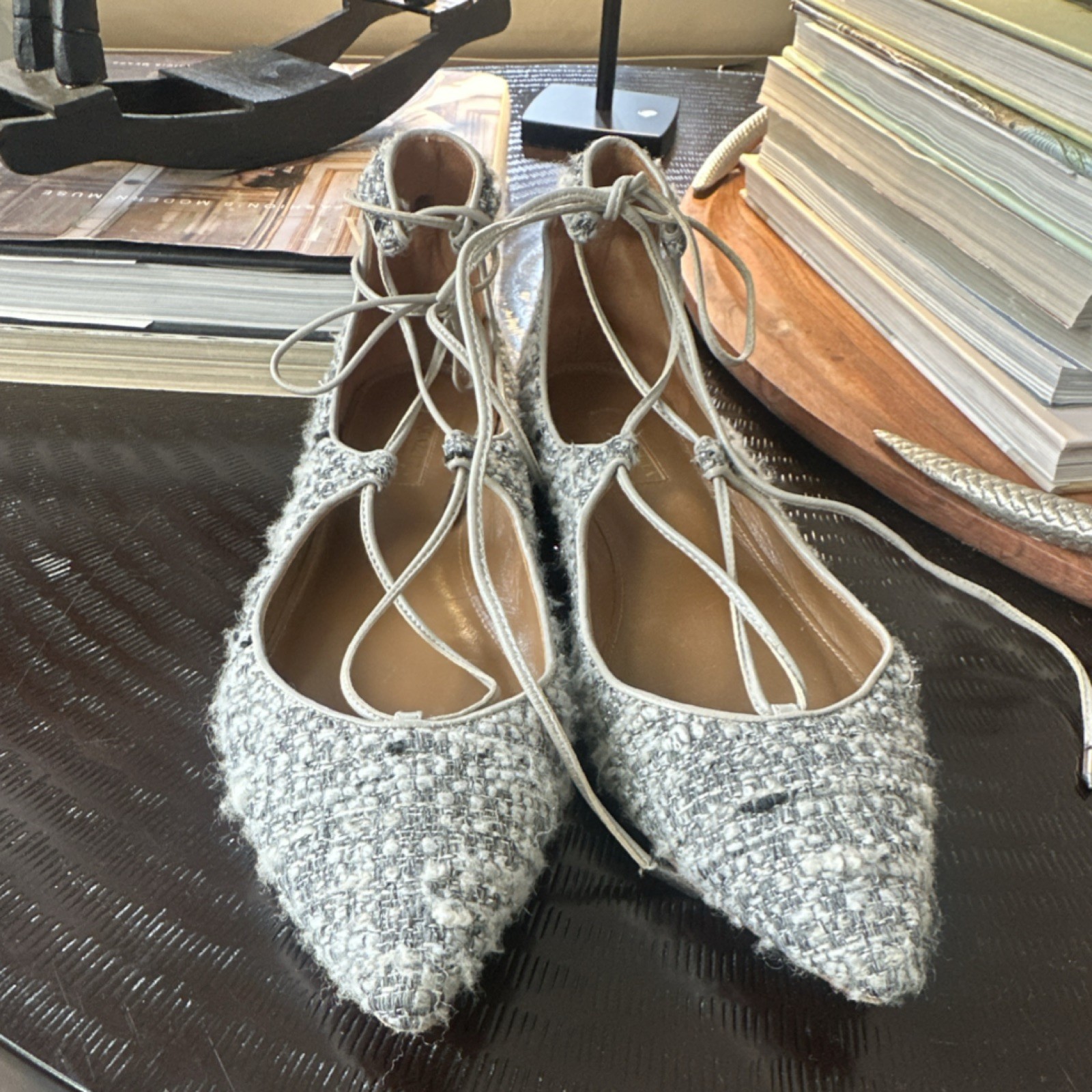 Aquazzura Bouclé Lace-Up Ballet Flats Gray Pointed Toe Women's Size 8
