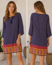 Faded Glory Boho Tunic Dress Cottagecore Festival Paisley Border Rayon S 4-6