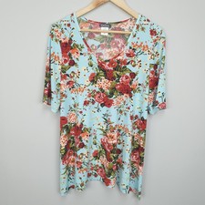 Kim & Co Dress Womens Medium Duck Egg Floral V Neck Boho Stretch Tunic Retro