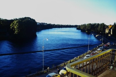 c1970's 35mm Slide, River Landscape, Bridge Traffic, Waterfront blue green