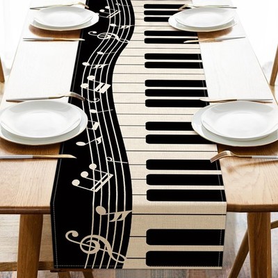 Piano Keyboard Dining Table Runner, Musical Notes Staff Burlap Kitchen Decora...
