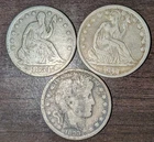 3 Old Half dollars (2 - Seated 1854, 1877) and (1 - Barber Liberty Head 1898)