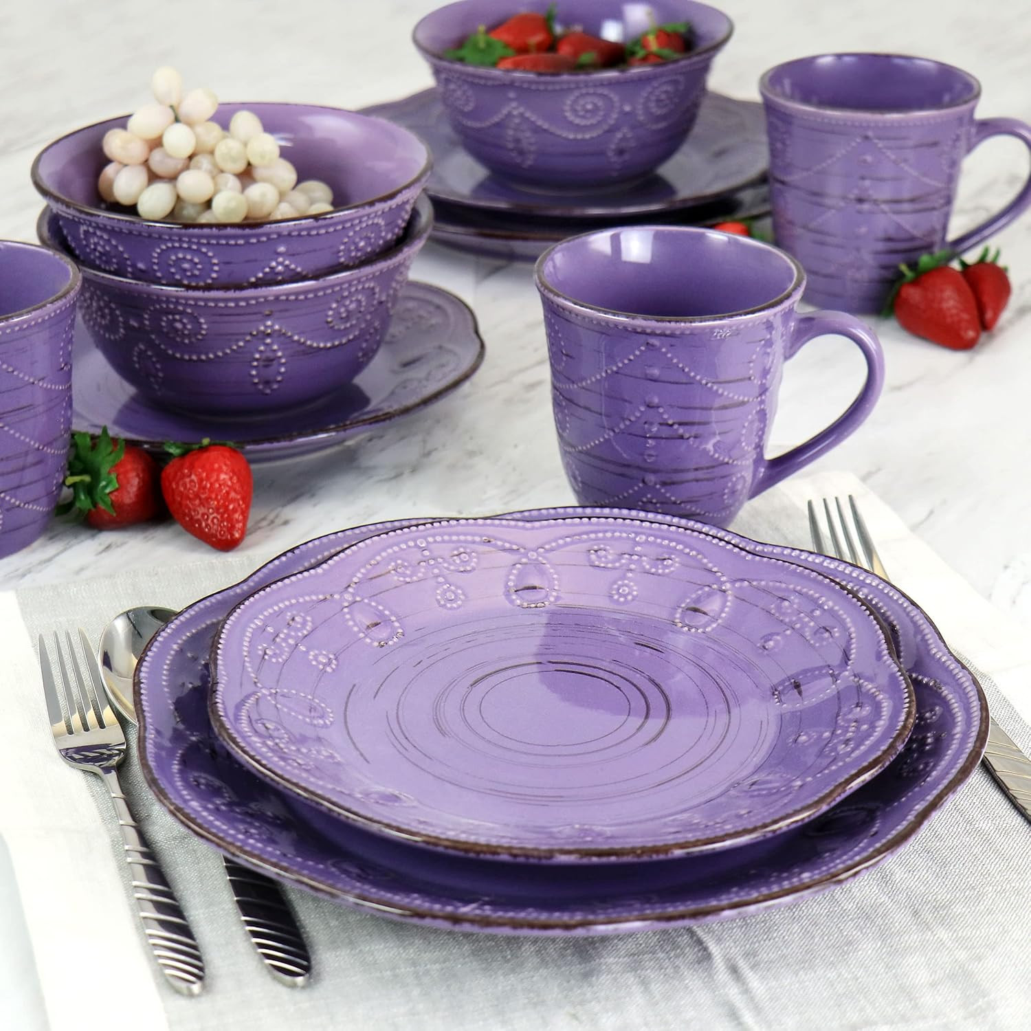 Rustic Birch 16 Piece Stoneware Dinnerware Set in Purple, (EL-RUSTICBIRCH)