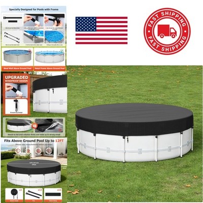12 Ft Round Pool Cover Black Oxford Cloth Waterproof Windproof Design for Pools