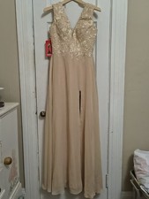 NWT Maxi Long Beige Nude Bridesmaid Dress Size 4 Deep V Adjustable Back B6