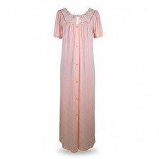 Vintage Nylon Nightgown Pink Button Front Floral Lace Cottagecore Robe