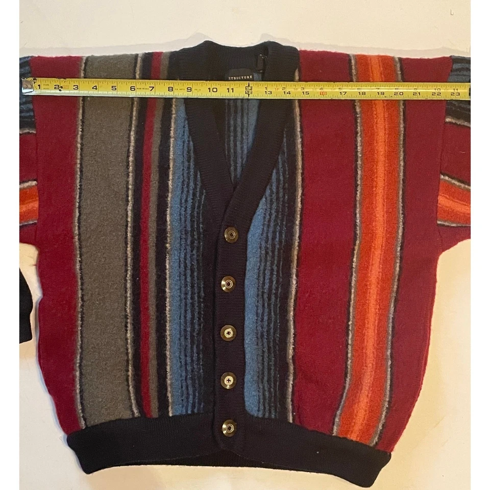 VTG STRUCTURE 100% Wool Cardigan Made in Hong Kong Southwest Aztec Stripe Mens M - Image 3 of 4