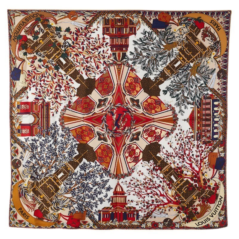 LOUIS VUITTON Le Tour Paris Scarf Red White Brown Silk