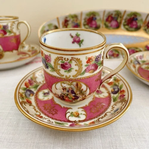 Rare Schumann Bavaria Pink Demitasse Cup & Saucer Courting Couple Scenes (4)