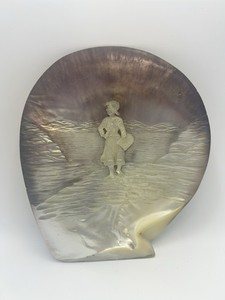 Vintage Oyster Shell Woman with fishing basket  mother of pearl Approx. 6 x 7 in