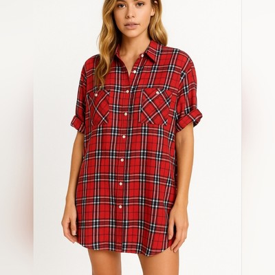 New Ascot & Hart Red Plaid Oversized Button Down Shirt Dress Grunge Flannel S