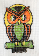 VINTAGE Halloween Ornament Needlepoint Canvas 18 mesh Hand painted Owl