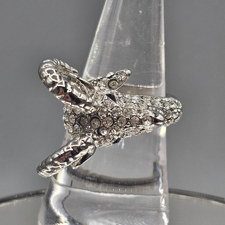Crystal Pave Ram Head Ring Silver Tone Figural Animal 3D - Image 2 of 4