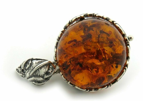 Large Pendant Real Amber Brown Real Silver 925 Sterling Silver Round New - Picture 4 of 6