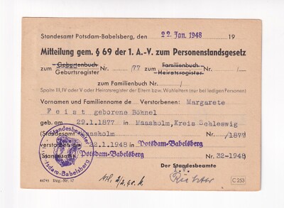 D7227) Postkarte POTSDAM BABELSBERG 22.01.1948  Standesamt Personenstand