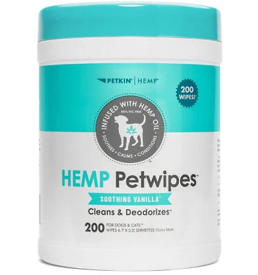 Petkin Hemp Pet Wipes for Dogs & Cats w/Hemp Oil & Soothing Vanilla Scent, 200ct