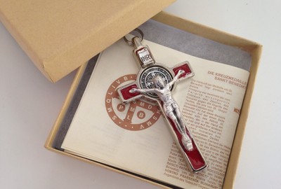St BENEDICT MEDAL 3''TALL CRUCIFIX SILVER PLATED/ Red  FINISH/ Cruz San Benito