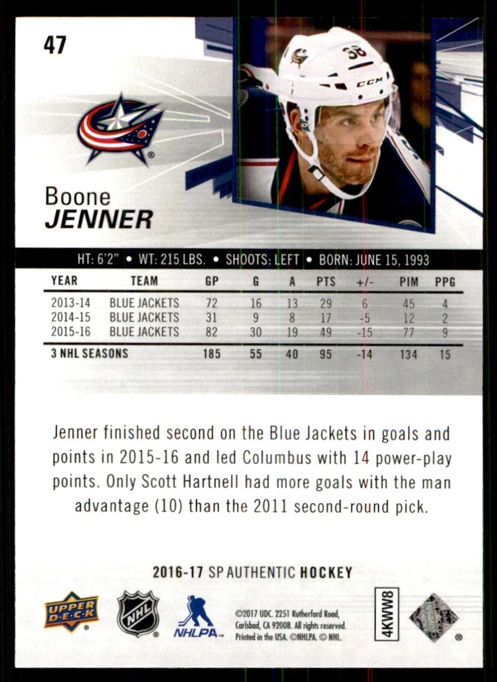 2016-17 SP Authentic Boone Jenner Columbus Blue Jackets #47 - Image 2 of 2