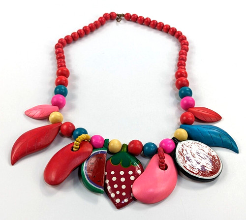 Wood Wooden Tropical Chunky Colorful Beaded Fruit & Leaves Necklace 25"