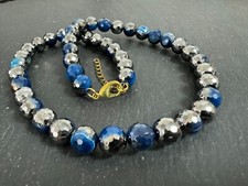 Achat Collier Kette Streifenachat blau 10 MM 47+5 cm ca 315 CARAT!  FACETTIERT !