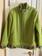NEW SUSAN GRAVER Bright Green Floral Embroidered Full Zip Polar Fleece Jacket  L