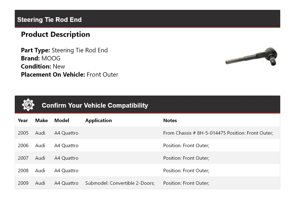 Extremo de barra de dirección exterior delantero MOOG 2005 2006 para Audi A4 Quattro 2005-2009 Foto 2 de 4