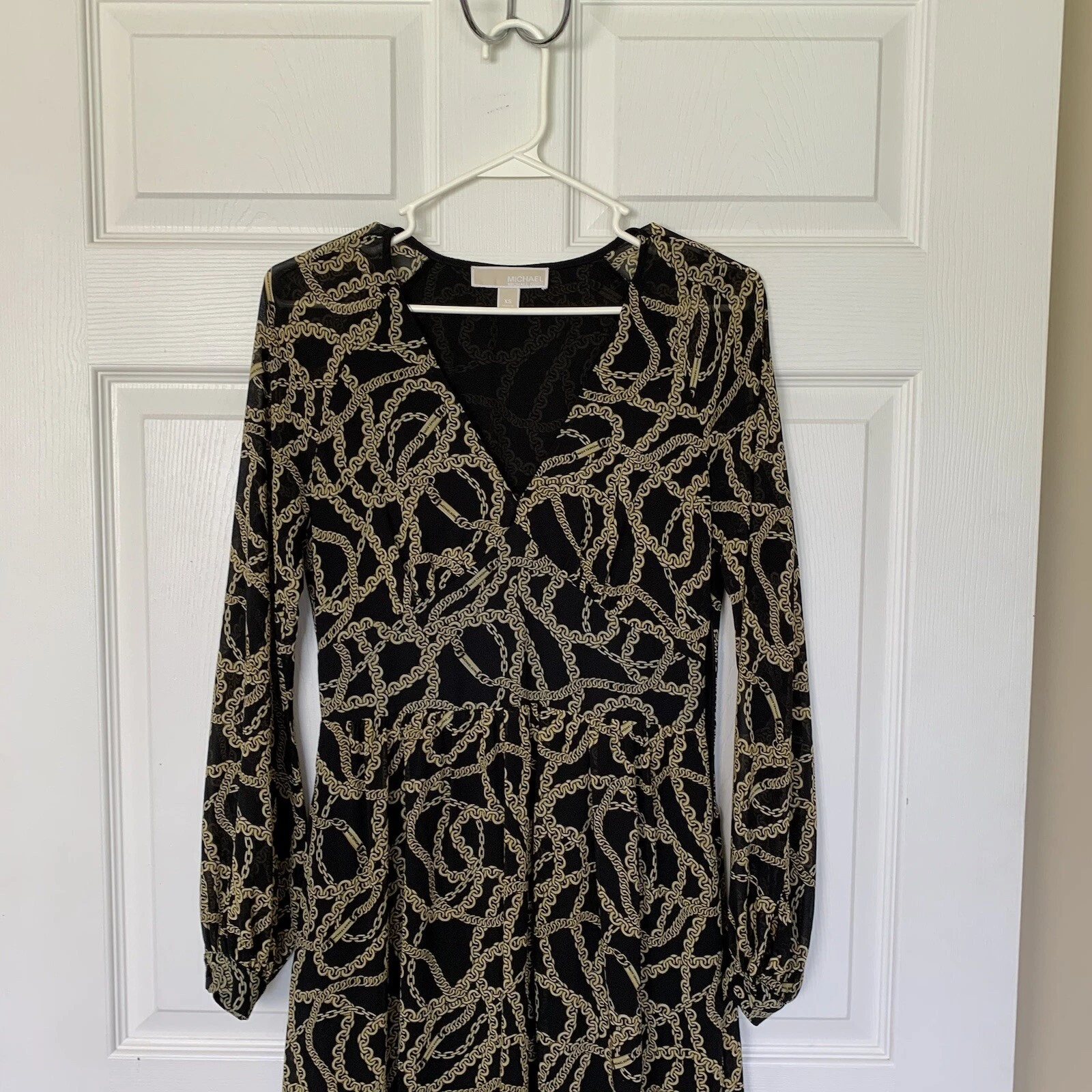 Abito Michael Kors XS nero oro stampa catena slinky chiffon maniche lunghe
