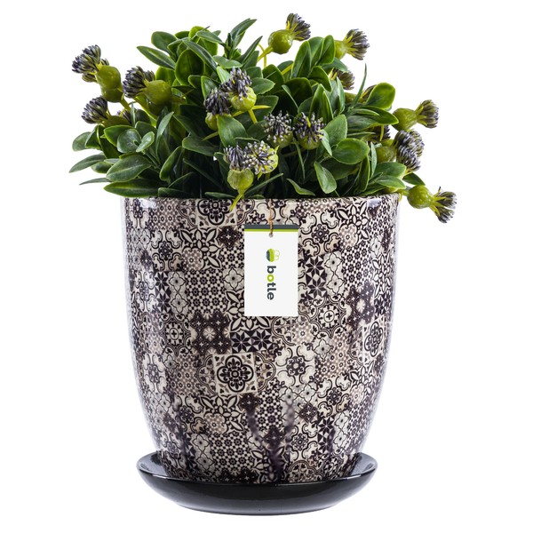 Blumentopf Rund Lange Keramik Ø 23 Cm H 25,5 Cm Braun Mosaik Untersetzer Glanz-image
