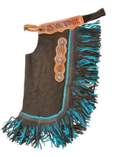 Brown Suede Leather Chinks With Mixed Blue Fringe