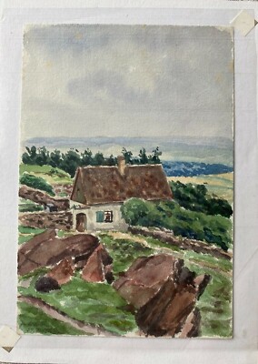 ::WATERCOLOUR HOUSE ON THE EDGE OF THE FOREST - ILLEGIBLE PLACE NAME AROUND 1920 MOUNTAINS ANTIQUE