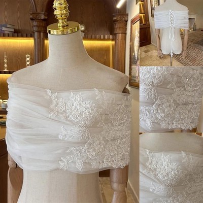 Off Shoulder Bolero Topper Jacket for Bride Appliques Lace Beading Corset Back
