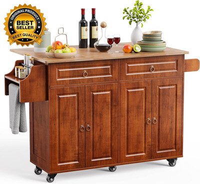 Kitchen Island with Drop Leaf and Storage, on Wheels Two Drawers, Large Storage 