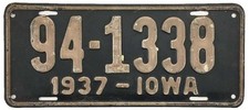 Iowa 1937 License Plate 94-1338 Webster County Original Paint