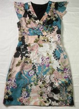 GUESS Womens Floral Sheath Dress V Neck Sleeveless Pink Teal Fitted KneeLength-S
