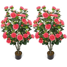 2 Pack 42" Fake Tree Rose Pink Artificial Camellia Tree with 36 Blooming Flow...