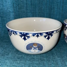 Set of 3 Folkcraft Stoneware Cameo Snowman 6 Inch Soup Bowls