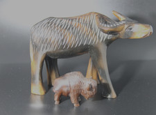 Two Vintage Hand Carved Wooden Water Buffalo Animal Figurines