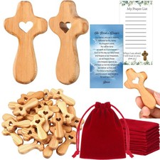25 Set Olive Wood Cross My Heart Small Pocket Crosses with Bags and Prayer Ca...